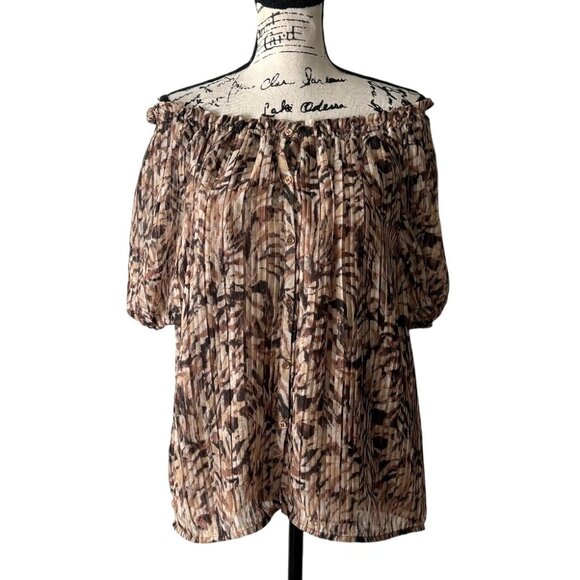 Ramy Brook Off-Shoulder Top Blouse Abstract Print Brown Cream Womens Size L - Picture 1 of 8
